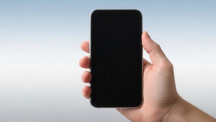 A hand holding a smartphone with empty screen against a soft gradient background for tech presentation