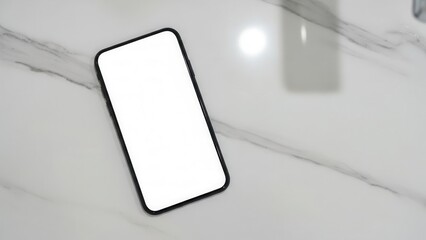 Top down view of a smartphone with white screen on a marble bathroom counter