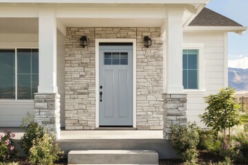 Modern home entryway features light gray door surrounded by stacked stone facade and white columns
