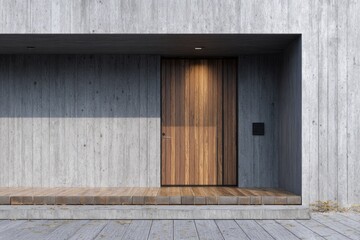 Modern home entrance features natural wood door set within textured concrete facade