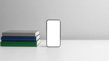 A minimalist desk with a blank phone mockup and a small stack of hardcover books