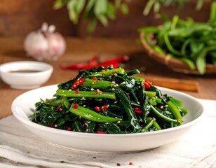 Close-up of a plate of green vegetable dish garnished with red chilis and sesame seeds. Additional food items