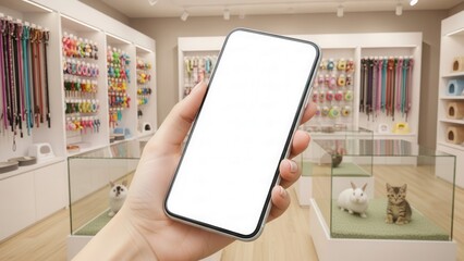 Clean smartphone mockup with blank display held by hand in modern pet shop