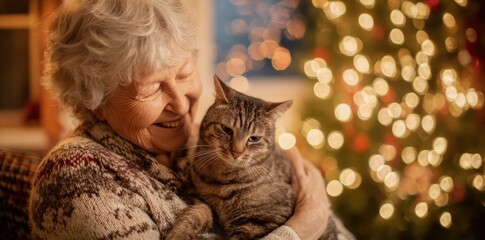smiling senior woman holding a cat