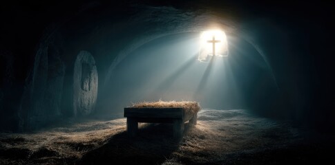 dramatic scene of the manger in an ancient tomb