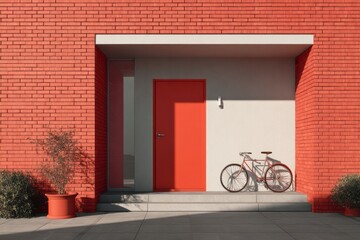 Modern entryway features vibrant red brick facade and leaning bicycle beside a brightly colored door