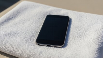 A close up of a blank phone screen on a fluffy white towel on a sunbed