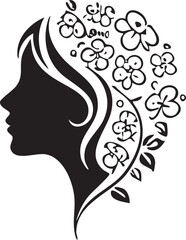 Artistic black vector silhouette of a lady profile featuring a beautiful floral hairstyle design for a fashion beauty salon or spa logo illustration