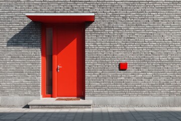 Bright red entrance stands out starkly against a modern gray brick facade under direct sunlight