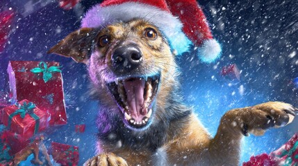 Festive cheers: dog with santa hat brightening your christmas card. Blockbuster art. Festive dog art with extra gifts and snowflakes, enhanced christmas vibe. Movie cover. Poster design.