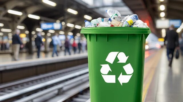 A green recycling bin overflowing with plastic bottles sits on a train station platform.