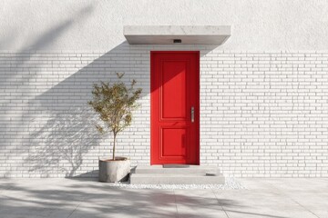Vivid red entryway contrasts sharply against a bright white textured brick facade under strong sunlight.