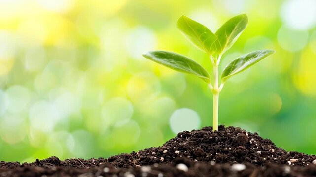 New Life Sprout: A vibrant seedling bursts forth from the soil, its tender leaves reaching towards the sunlight against a blurred green backdrop. Embracing the essence of renewal, growth, and hope