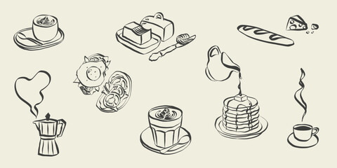 Breakfast sketches with coffee cup doodles. Hand drawn cafe icons in chalk style. Vintage brunch illustrations for menu design, Italian restaurant posters, French bakery art