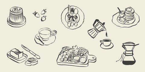 Whimsical chalk style illustrations of coffee cups and bakery items. Hand drawn vintage sketches perfect for menu design, restaurant posters or Italian cafe branding with retro charm