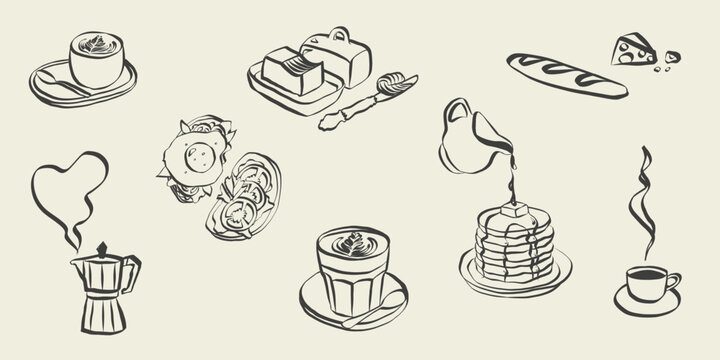 Breakfast sketches with coffee cup doodles. Hand drawn cafe icons in chalk style. Vintage brunch illustrations for menu design, Italian restaurant posters, French bakery art