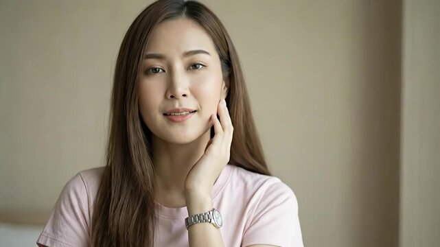A radiant young woman with flowing brown hair smiles genuinely, looking directly at the camera with a warm and friendly gaze. Her hand is gently resting on her cheek, conveying a relaxed and natural p