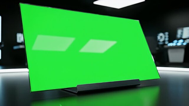 Bright green screen display on studio desk for video presentation.