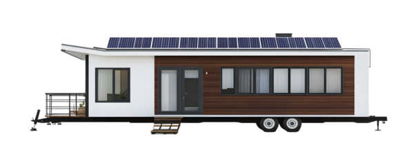 rendering 3D of modern brown and white trailer house with solar panel technology isolated on white background