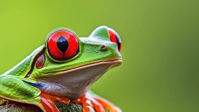Red-Eyed Tree Frog's Portrait: Close-up showcases vibrant green skin and intense red eyes, creating a captivating contrast against a soft, blurred backdrop. 
