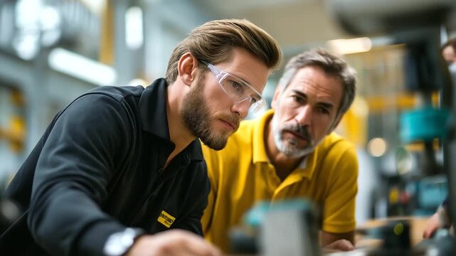 Apprentice and teacher during wood cutting machine operation faceless professionals industrial workshop manufacturing training technical skill development professional mentors