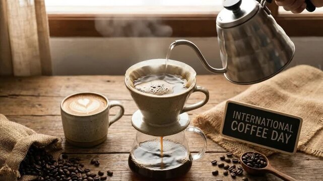 A serene and detailed close-up captures the meticulous process of brewing pour-over coffee on a warm, rustic wooden surface. Hot water flows steadily from a sleek, metallic gooseneck kettle into a cer