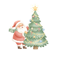 Santa Decorates Christmas Tree - Festive Holiday Scene