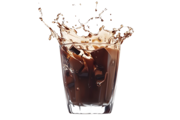 chocolate milk or milk tea splashing out of glass isolated on white with clipping path