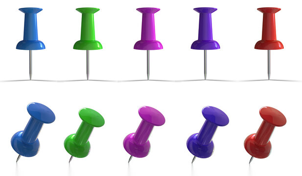Colorful 3D Push Pins Set Isolated on Transparent Background