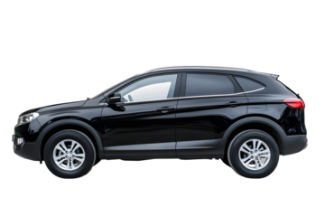 side view of black suv car is isolated on white background with clipping path