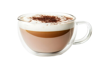 Foamy coffee cappuccino with wiped milk and coco powder on top in double glass mug isolated on white background