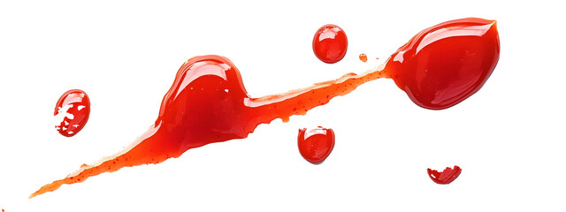Red ketchup droplets isolated on white background