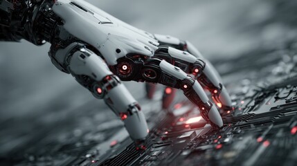 Artificial intelligence touching digital circuit, depicting technology advancement