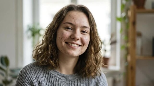 A smiling young person with curly brown hair and natural skin displaying acne, confidently looks directly into the camera from an indoor setting. The individual wears a comfortable knitted grey sweate