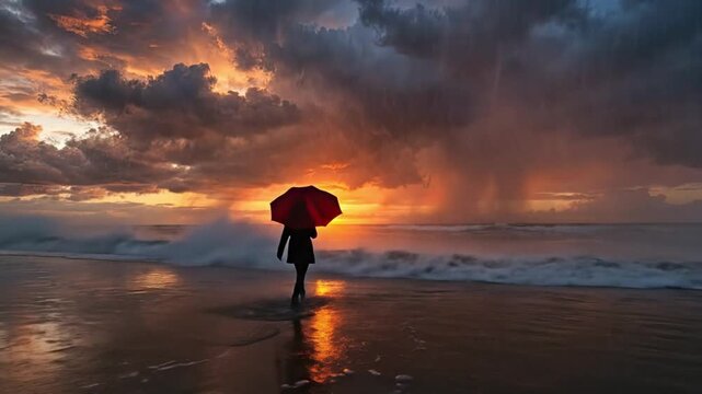 A solitary figure walks along a wet beach, holding a bright red umbrella under a dramatic, stormy sky at sunset. Heavy rain falls as powerful waves crash onto the shoreline, reflecting the vibrant ora