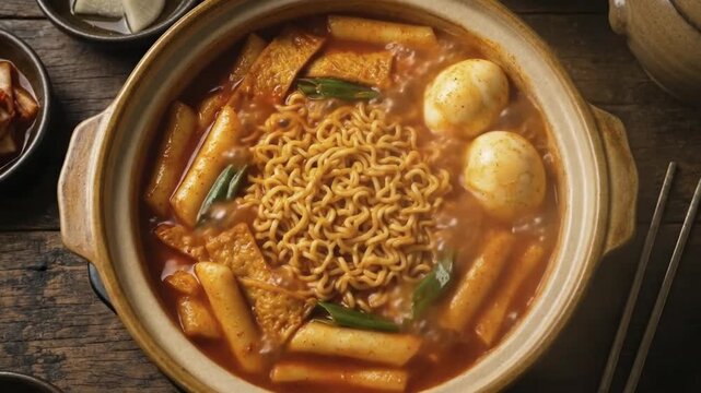 A steaming, appetizing pot of a rich, spicy noodle and rice cake stew, filled with savory ingredients like springy noodles, chewy rice cakes, tender fish cakes, and whole boiled eggs, all simmering in