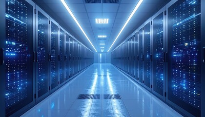 Endless Server Room Corridor with Rows of Blue Lit Racks Reflecting on Polished Floor and Bright Ceiling Lights