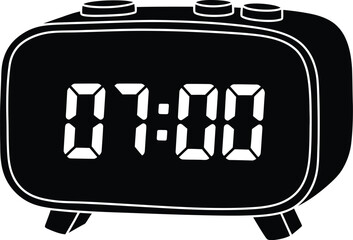 Black digital alarm clock displaying seven am minimalist design on transparent background silhouette