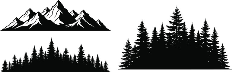 Mountain and pine tree landscape design element on transparent background silhouette © Lhvect02