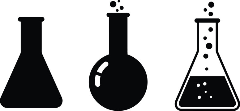 Three black science beakers with liquid a fascinating silhouette on transparent background
