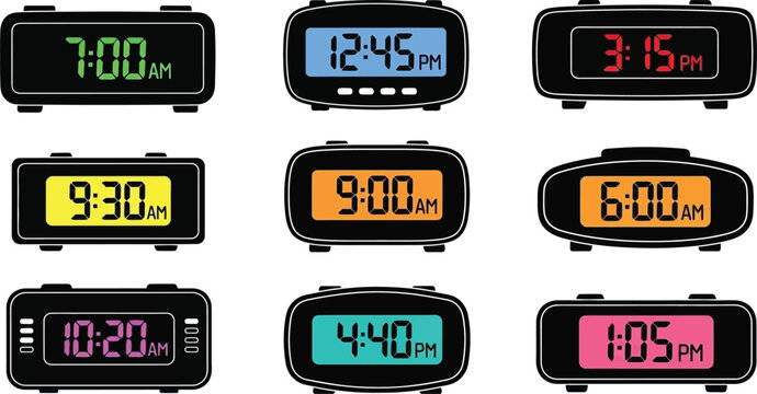 Collection of digital alarm clocks displaying various times on transparent background silhouette