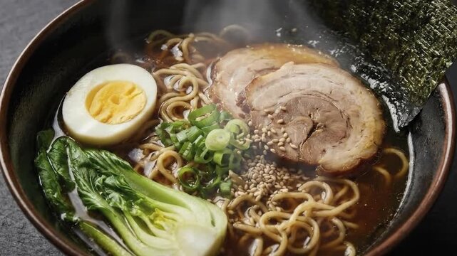 A steaming hot bowl of savory noodle soup is presented in a dark ceramic dish, featuring rich broth, perfectly cooked noodles, succulent sliced pork, a halved soft-boiled egg, fresh chopped green onio