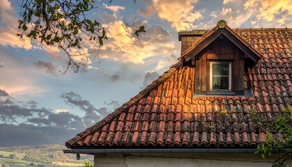 Close-up of a rustic rooftop with clay tiles, a dormer window, and an aged chimney against a sunset