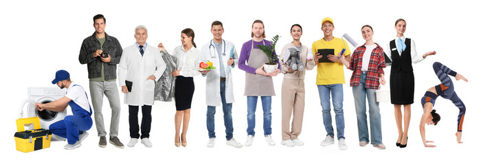 Choosing profession. People of different occupations on white background