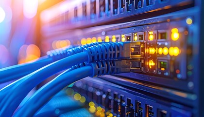 Close-up of a server rack with bright blue cables plugged into network ports, illuminated by warm, glowing lights
