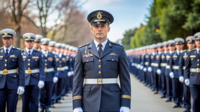 A male officer in a dark blue uniform stands at attention in front of a formation of other uniformed personnel outdoors.