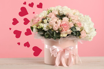 Bouquet of beautiful flowers and hearts on romantic greeting card