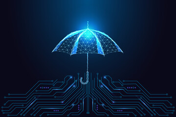 Futuristic glowing umbrella on circuit board, data security and digital safety vector
