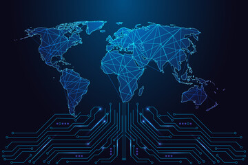 Digital world map on circuit board, global network, communication and tech connectivity vector
