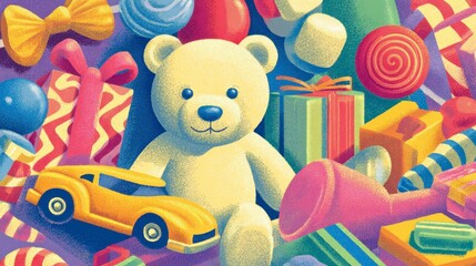 A whimsical illustration showcasing a fluffy teddy bear surrounded by an array of colorful toys and sweets. The image evokes a sense of childhood joy and playful imagination